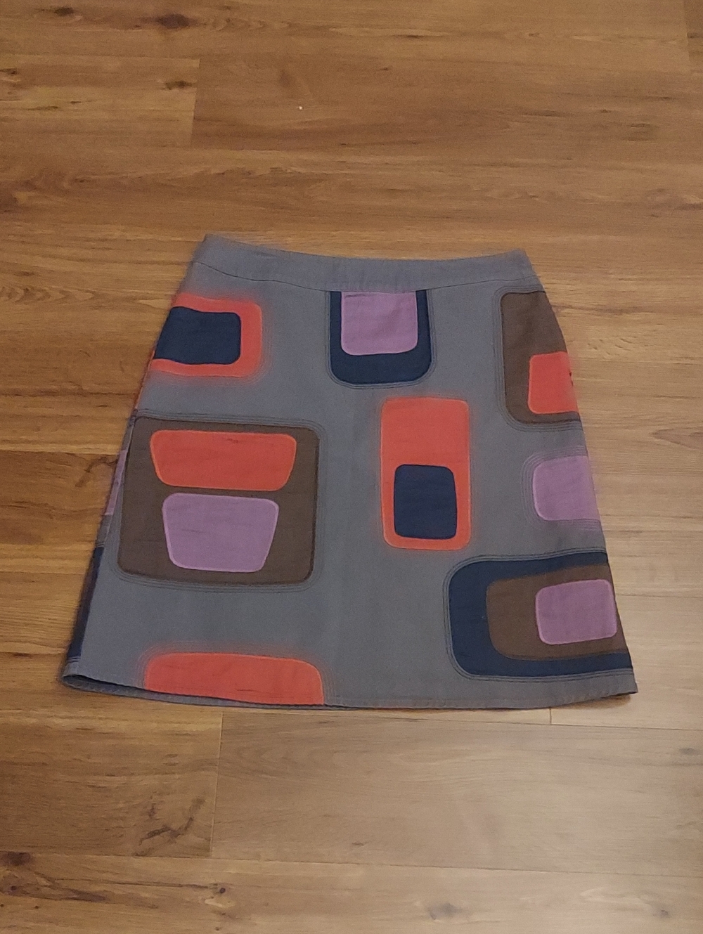 Boden Gray A-Line Skirt with Red, Purple, Navy & Brown Retro Blocks